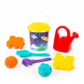 Набор №134: ведро с наклейкой, ситечко Солнышко, лопатка №5, грабельки №5, формочки самосвал + паровоз, 2 формочки, лейка большая (Полесье, 2760)