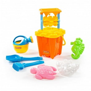 Набор №557: песочная мельница №2, ведро-замок большое №2, лопатка №5, грабельки №5, 3 формочки, лейка малая №4 (Полесье, 57266)