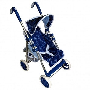 Большая прогулочная коляска для кукол с корзиной, синий-белый принт (1toy, Т57324)