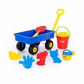 Набор №382: тележка дачная, ведро-цветок большое, ситечко-цветок большое, лопата большая №2, формочки, лейка маленькая №4 (Полесье, 36384)