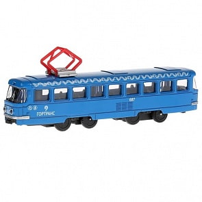 Металлический трамвай 16,5 см, инерционный, открываются двери (Технопарк, SB-16-66-BL-WB)