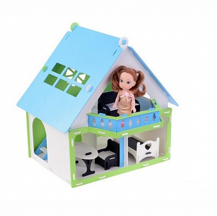 Домик для кукол - Дачный дом Варенька, бело-голубой, с мебелью 