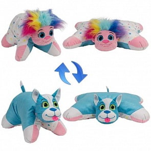 Плюшевая подушка Вывернушка 2в1 - Радужный Тролль-Блестящий Щенок (1toy, Т12041)
