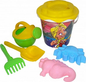 Набор №356: ведро с наклейкой, ситечко Солнышко, лопатка №5, грабельки №5, формочки краб №1 + морской конёк, лейка малая №4 (Полесье, 35806)