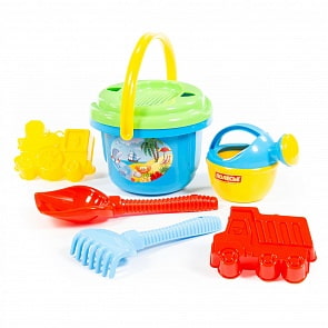 Набор №244: ведро большое, ситечко большое №2, лопата №6, грабли №6, формочки самосвал + паровоз, лейка малая №4 (Полесье, 1167)