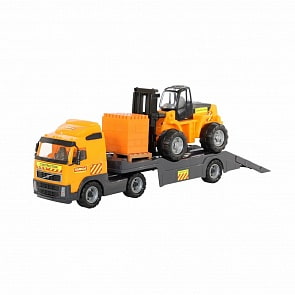 Автомобиль-трейлер Volvo, автокар и конструктор Супер-Микс, 30 элементов на поддоне (Полесье, П-1589) (ассортимент)