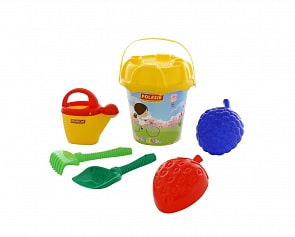 Набор №598: ведро большое с наклейкой, ситечко большое №3, лопата №6, грабли №6, 2 большие формочки-фрукты, лейка №10 (Полесье, 62543)