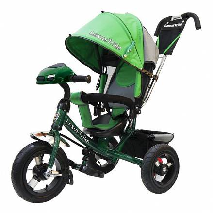 Велосипед 3-колесный зеленый, с резиновыми надувными колесами 12 и 10 дюймов, регулируемая спинка, задний тормоз, светомузыкальная панель 