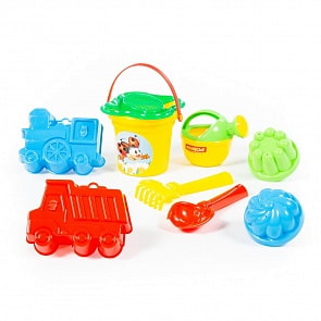 Набор №304: ведро малое, ситечко-цветок, совок №2, грабельки №2, формочки самосвал + паровоз, 2 формочки, лейка малая №3 (Полесье, 4542)