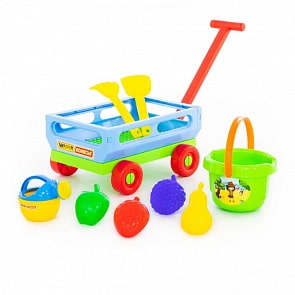 Набор №492: тележка с ручкой №2 + ведро большое, лопатка №31, грабельки №31, формочки Фрукты 4 штуки, лейка малая №4 (Полесье, 45805)