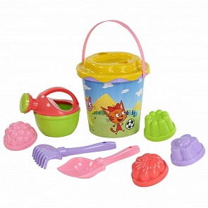 Песочный набор - Три кота №6: Ведро с наклейкой, ситечко Солнышко, лопатка №5, грабельки №5, 4 формочки, лейка малая №4 (Полесье, 62369) (ассортимент)