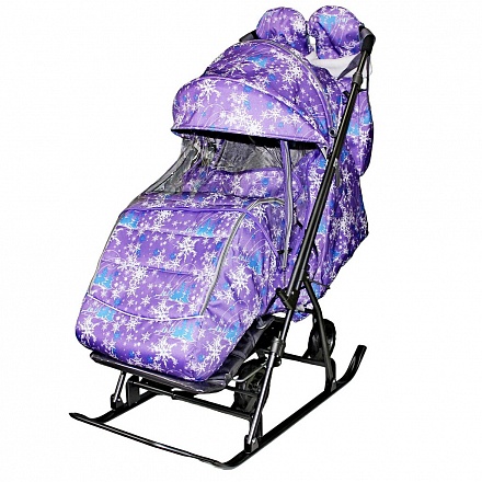Санки-коляска Snow Galaxy Kids-3-1 - Елки на фиолетовом на больших колесах, сумка, варежки 