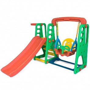 Детский игровой комплекс для дома и улицы: детская горка, баскетбольное кольцо с мячом, подвесные качели (Happy Box, JM-1002)