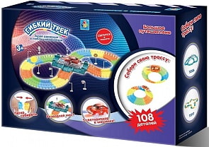 Гибкий трек - Большое путешествие, 108 деталей, дорога светится, машинка со светом, разводной мост (1Toy, Т13200)