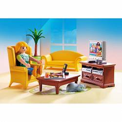 Игровой набор – Кукольный дом: Гостиная с камином, свет (Playmobil, 5308pm) - миниатюра