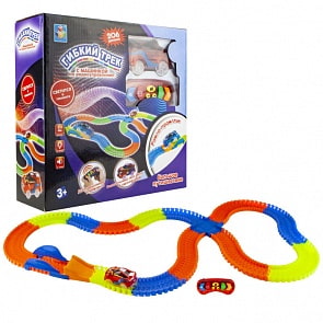 Гибкий трек с машинкой на радиоуправлении, 9 лампочек, дорога светится, рампа, 206 деталей (1Toy, Т16712)