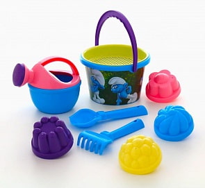 Набор №3 Смурфики: Затерянная деревня-5: ведро среднее с наклейкой, ситечко, совок №2, грабельки №2, лейка малая №4, формочки 4 шт (Полесье, 65056) (ассортимент)