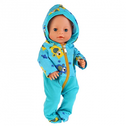 Одежда для кукол 40-42 см – Голубой комбинезон с капюшоном Медвежата 