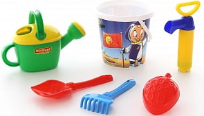 Набор №547: ведро с наклейкой, водный насос, лопатка №5, грабельки №5, формочка Фрукты, лейка №8 (Полесье, 57068) (ассортимент)