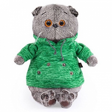 Мягкая игрушка – Басик в зеленой толстовке с карманом-кенгуру, 19 см 