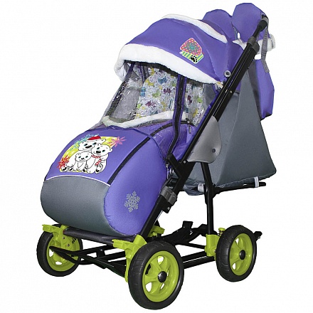 Санки-коляска Snow Galaxy City-3-1 - Три медведя на фиолетовом на больших колесах, сумка, варежки 