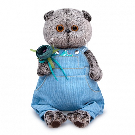 Мягкая игрушка - Кот Басик в голубом комбинезоне с розочкой, 25 см 