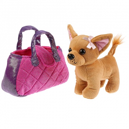 Мягкая игрушка – Собака, 15 см в сиреневой сумочке 