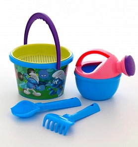 Набор №2 Смурфики: Затерянная деревня-4: ведро среднее с наклейкой, ситечко, совок №2, грабельки №2, лейка малая №4 (Полесье, 65001) (ассортимент)