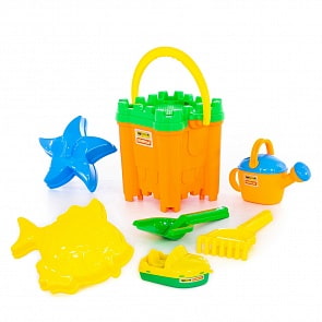Набор №469: Ведро-крепость Макси, сито-крепость Макси, лопатка №30, грабельки №30, формочки рыба + звезда, катер Ветерок, лейка №8 (Полесье, 45133) (ассортимент)