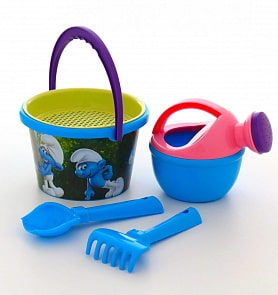 Набор №2 - Смурфики: Затерянная деревня-5: ведро среднее с наклейкой, ситечко, совок №2, грабельки №2, лейка малая №4 (Полесье, 65049)