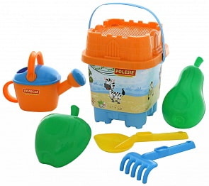 Набор №587: ведро-замок большое с наклейкой, ситечко-замок большое, лопатка №32, грабельки №32, формочки Фрукты большие 2 шт, лейка №8 (Полесье, 62413)