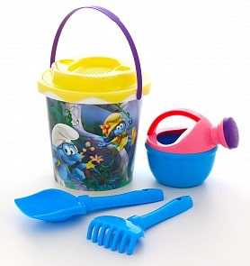 Смурфики - Затерянная деревня-1 набор №2: ведро с наклейкой, ситечко Солнышко, лопатка №5, грабельки №5, лейка малая №4 (Полесье, 64882)