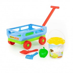 Набор №420: тележка с ручкой №2, ведро с наклейкой, ситечко Солнышко, лопатка №5, грабельки №5, формочка Фрукты (Полесье, 38586)