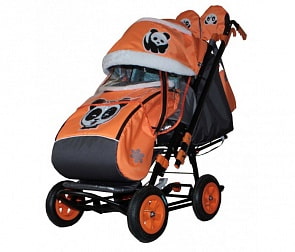 Санки-коляска Snow Galaxy City-2 - Панда на оранжевом, на больших колесах Eva, сумка, варежки (RT, 7081RT)
