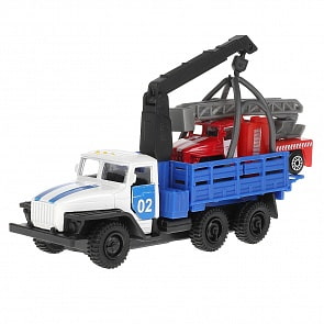 Машина Урал 5557 12 см с пожарной машиной 7,5 см двери и багажник открываются подвижные детали металлическая (Технопарк, SB-20-01+URAL-LADDER-WB)