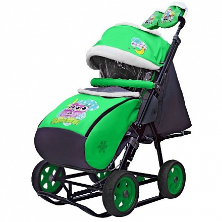 Санки-коляска Snow Galaxy City-1 - Совушки на зеленом, на больших колесах Eva, сумка, варежки 