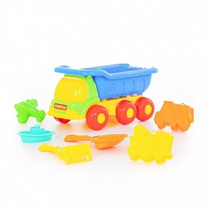Набор №259: Универсал, автомобиль-самосвал + совок №8, грабельки №8, формочки самосвал + паровоз + самолёт, кораблик Юнга (Полесье, 35073) (ассортимент)