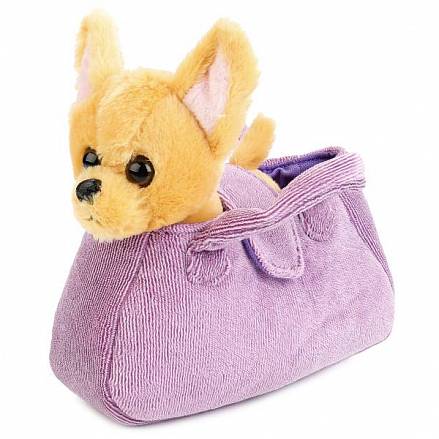 Мягкая игрушка - Собачка в вельветовой сиреневой сумочке, 19 см 