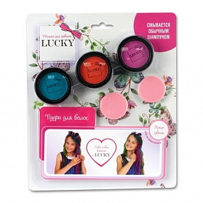 Пудра для волос 3 цвета: фуксия, оранжевый, голубой, со спонжем, на блистере (Lucky, Т11922)