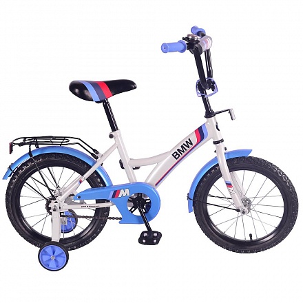 Детский велосипед – BMW, с колесами 14 дюйм, рама GW-тип, багажник, страховочные колеса, звонок, цвет бело-синий 