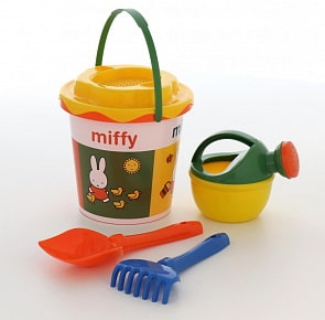 Миффи-3 набор №2: ведро с наклейкой, ситечко Солнышко, лопатка №5, грабельки №5, лейка малая №4 (Полесье, 64721)