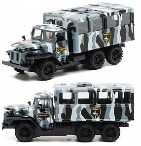 Машина металлическая инерционная Урал будка Омон, свет и звук, двери открываются (Технопарк, CT-1054-CAB-Dsim)