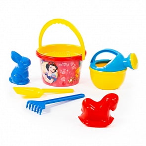 Набор Disney Принцесса №8: ведро среднее с наклейкой, ситечко, лопатка, грабельки, формочки заяц + лошадка, лейка малая №4 (Полесье, 66787) (ассортимент)