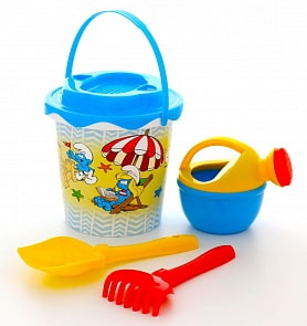 Набор №2 Смурфики-1: ведро с наклейкой, ситечко Солнышко, лопатка №5, грабельки №5, лейка малая №4 (Полесье, 65124) (ассортимент)