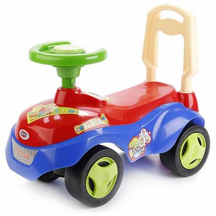 Машина-джип для катания детей, с ручкой и сигналом-пищалкой, цвет – красно-синий 