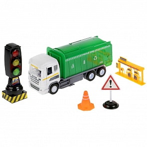 Инерционный мусоровоз, 23 см, свет и звук, светофор и знаки (Технопарк, 1749264-R)