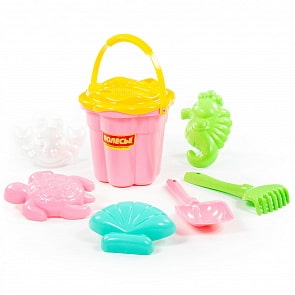 Набор №307: ведро-цветок среднее №3, ситечко-цветок среднее №3, лопатка №5, грабельки №5, формочки краб №2 + морской конёк + ракушка №2 + черепаха (Полесье, 35578)