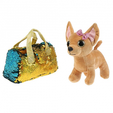 Мягкая игрушка – Собачка, 15 см в золотой сумочке из пайеток 