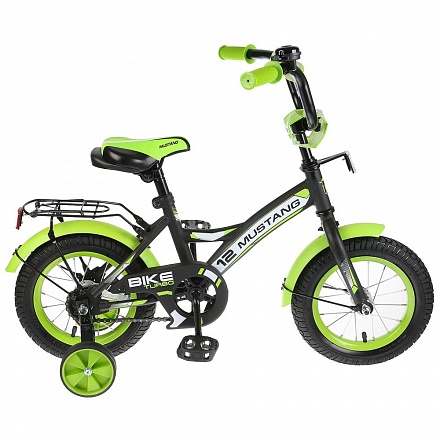 Велосипед детский двухколесный - Mustang, черно-зеленый матовый, колеса 12 дюйм, рама GW-тип, багажник, страховочные колеса, звонок 