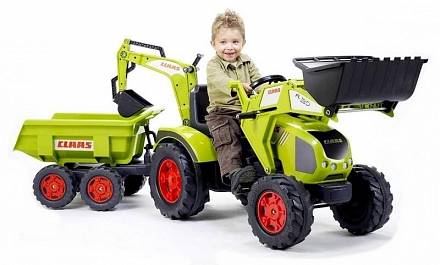 Трактор-экскаватор педальный с прицепом зеленый, 225 см. 